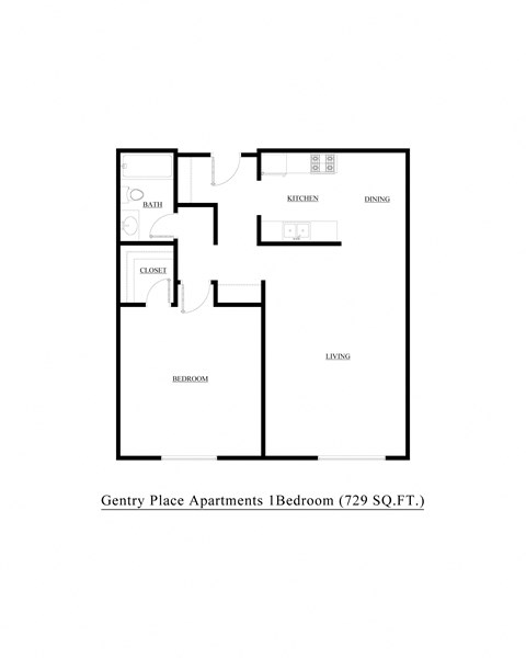 Floor plan for 1 bed, 1 bath, 729 sqft